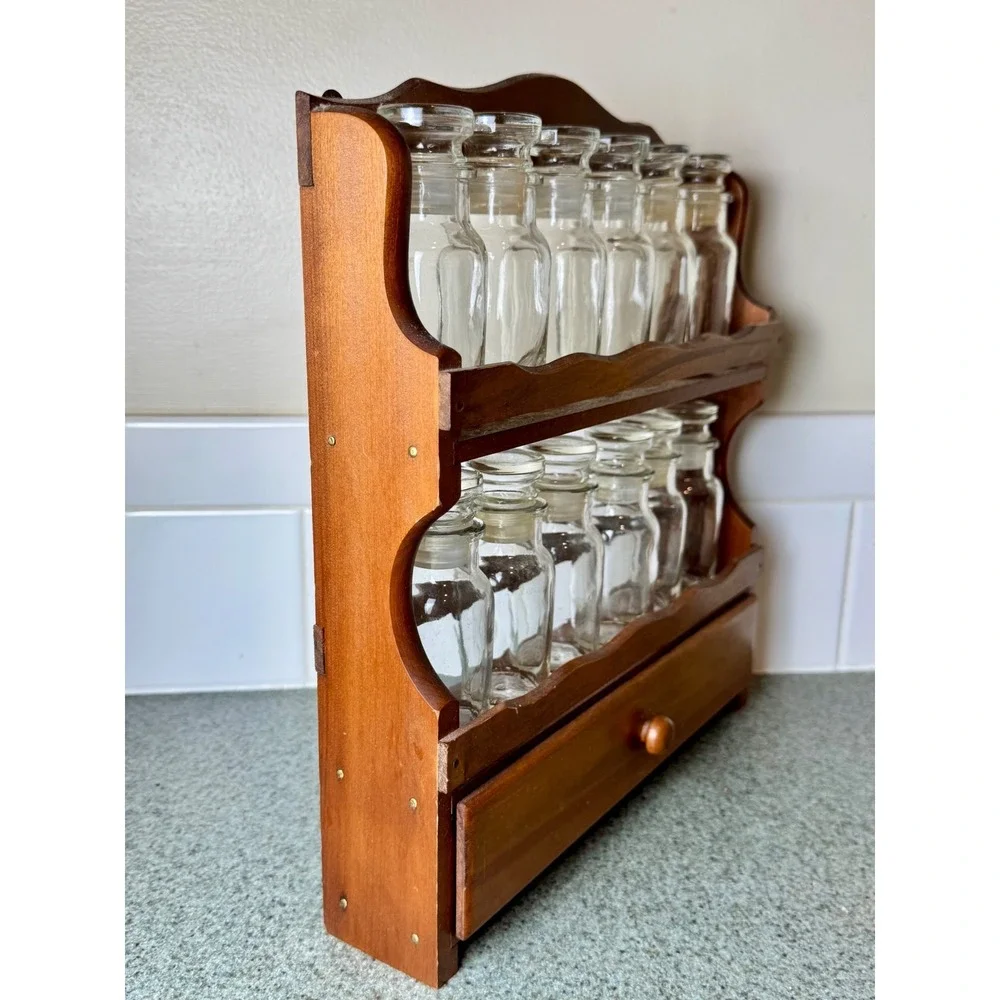Vintage Wooden Spice Rack 12 Glass Jars Made in Japan Apothecary Drawer 11.5in